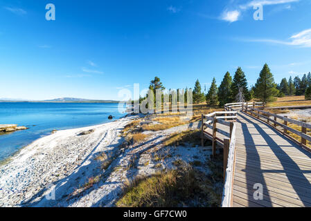 Seeufer und Promenade in West Thumb Geyser Basin im Yellowstone National Park Stockfoto