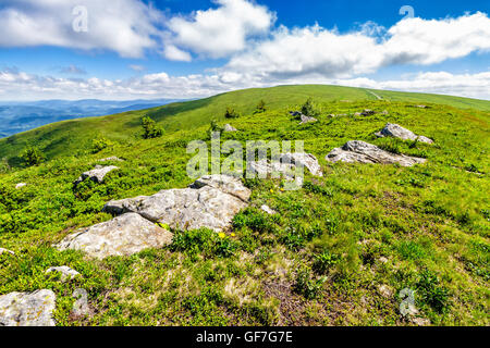 Berglandschaft mit Steinen Verlegung unter dem Rasen oben auf dem Hügel unter dem bewölkten Sommerhimmel Stockfoto