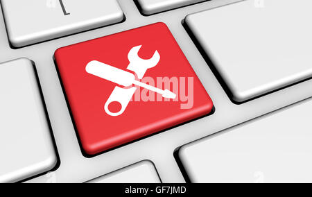 Computer-Reparatur-Service-Konzept mit Arbeit Werkzeuge Ikonen und Symbol auf einer Computer-Tastatur 3D Illustration. Stockfoto