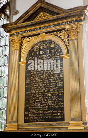 Großbritannien, England, Norfolk, King's Lynn, St.-Nikolaus-Kapelle, Wohltäter an Bord Detaillierung Wohltaten 1615 Stockfoto