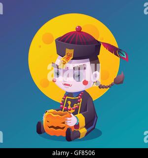 Vektor-Illustration von Jiangshi Chinesisch Hopping Vampir Geist mit Kürbis für Halloween auf Vollmond Hintergrund, niedlichen Cartoon Stock Vektor