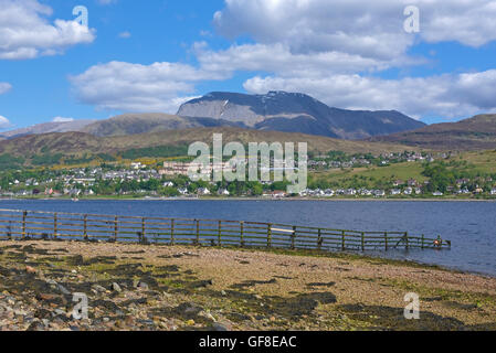 Blick auf Loch Linnhe bis nach Fort William und der gewaltigen Masse des Ben Nevis jenseits. SCO 10.985. Stockfoto