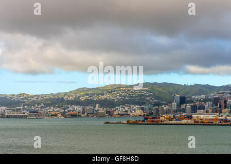 Wellington Stadtbild bei bewölktem Wetter, Hauptstadt von Neuseeland Stockfoto