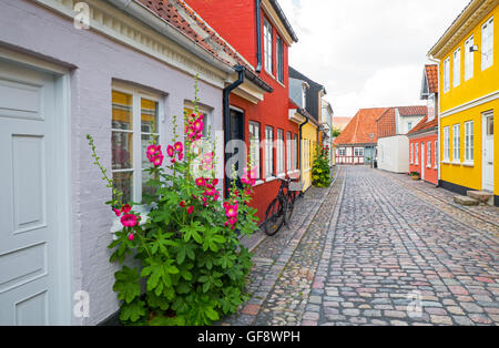 Odense, Dänemark - 21. Juli 2015: Traditionelle Häuser und Blumen in der Altstadt Stockfoto