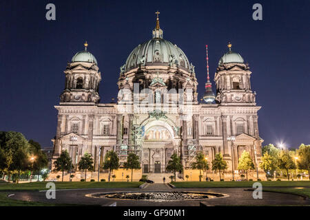 Berliner Dom (Berliner Dom), TV-Turm (Fernsehturm) in der Nacht Stockfoto