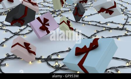 Weihnachten Geschenk-Boxen, die vom Himmel fallen wie Schnee mit Weihnachtsbeleuchtung auf Boden Stockfoto