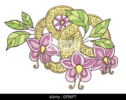 Handgezeichnete Farbe doodle Blumen, Blätter und Band mit Wirbel Stock Vektor