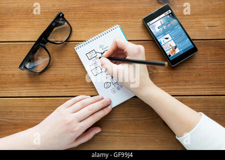 Nahaufnahme von Frau oder Student in Notepad schreiben Stockfoto