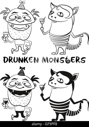 Kontur und Silhouette Monster Set Stock Vektor