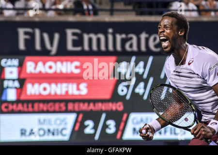 Toronto, Ontario, Kanada. 29. Juli 2016. GAEL MONFILS Frankreichs feiert als er fortfuhr, um Milos Raonic of Canada, in zwei Sätzen, 6-4, 6-4 in Rogers Cup Viertelfinale zu besiegen. © Kredit: /ZUMA Draht/Alamy Live-Nachrichten Stockfoto