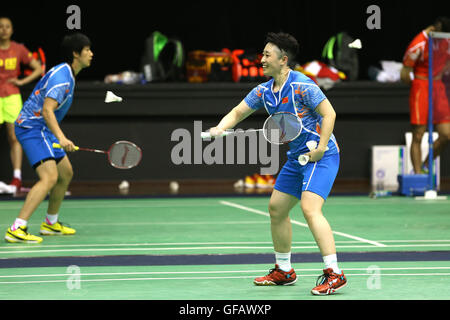 Sau Paulo, Brasilien. 30. Juli 2016. Chinesische Badminton-Sportler übt Yu Yang (R) während einer Trainingseinheit im Esporte Clube Pinheiros in Sao Paulo, Brasilien, 30. Juli 2016. Chinesische Athleten sind in Sao Paulo Esporte Clube Pinheiros, die Pre-Games angekommen Trainingszentrum der chinesischen Olympia-Delegation für die bevorstehenden Olympischen Spiele in Rio. © Xu Zijian/Xinhua/Alamy Live-Nachrichten Stockfoto