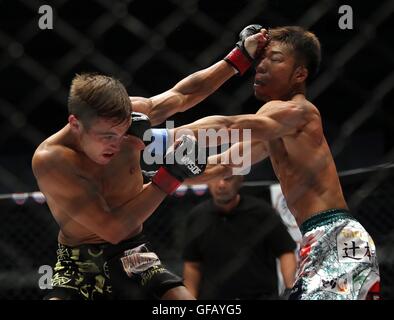 Quezon City, Philippinen. 30. Juli 2016. Yusaku Nakamura (R) Japans konkurriert gegen Tim Moore von Australien während ihres Spiels im Fliegengewicht in der World Series von Fighting Global Championship in Quezon City, Philippinen, 30. Juli 2016. © Rouelle Umali/Xinhua/Alamy Live-Nachrichten Stockfoto