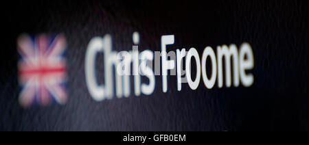 San Sebastian, Spanien. 30. Juli 2016. Ein Detail des Busses vom Team Sky mit dem Namen Chris Froome während der 36. Auflage des San Sebastian Classic (Clasica de San Sebastian) eine Rasse von eines Tages 2016 UCI World Tour, am Platz der Bürgermeister am 30. Juli 2016 in San Sebastian, Spanien. Bildnachweis: David Gato/Alamy Live-Nachrichten Stockfoto