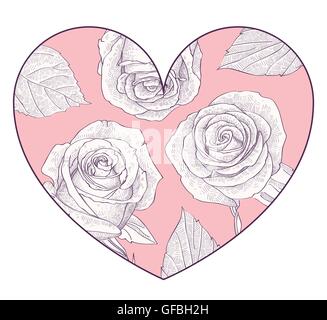 Rosa Herz mit hand gezeichnete Rosen Stock Vektor