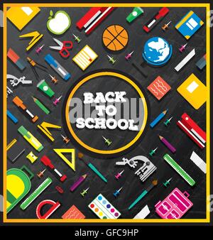 Zurück zur Schule. Schulmaterial auf Tafel Hintergrund. Vektor-Illustration. Banner mit Textfreiraum. Stock Vektor