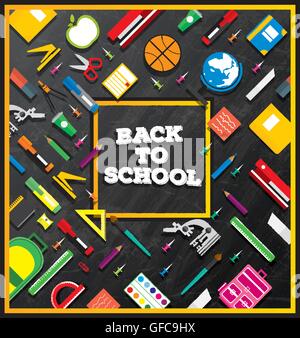 Zurück zur Schule. Schulmaterial auf Tafel Hintergrund. Vektor-Illustration. Banner mit Textfreiraum. Stock Vektor