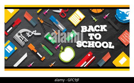 Zurück zur Schule. Schulmaterial auf Tafel Hintergrund. Vektor-Illustration. Stock Vektor