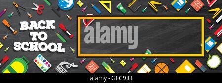 Zurück zur Schule. Schulmaterial auf Tafel Hintergrund. Vektor-Illustration. Banner mit Textfreiraum. Stock Vektor