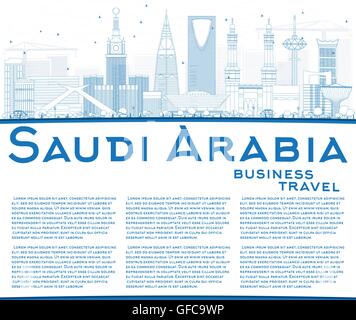 Umriss Saudi Arabien mit blauen Wahrzeichen und textfreiraum Skyline. Vektor-Illustration. Geschäftsreisen und Tourismus-Konzept. Bild Stock Vektor