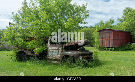 alte rostige LKW auf dem Rasen Stockfoto