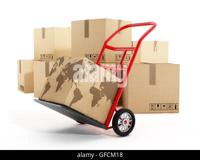 Kartons mit Erde Form auf LKW Handlaufkatze. 3D Illustration. Stockfoto