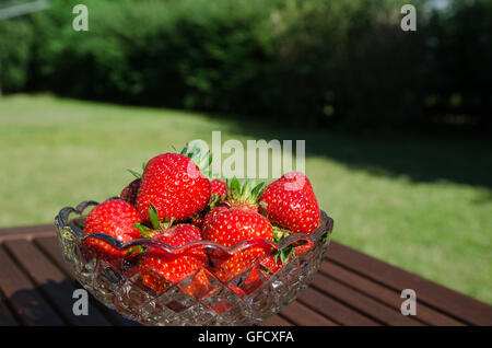 Schale mit frischen Erdbeeren auf einem Tisch im Garten Stockfoto