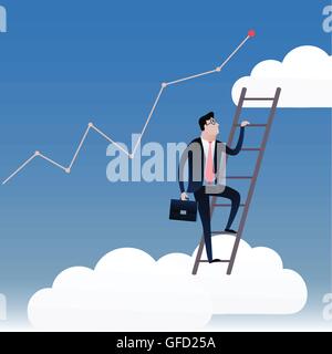 Geschäftsmann zu Fuß auf der Treppe mit dem blauen Himmelshintergrund und weißen Wolken. Business Konzept Illustration Vektor Stock Vektor