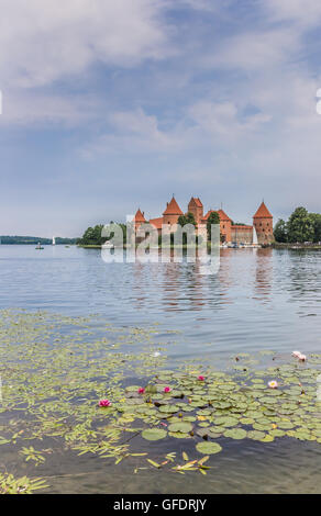 Trakai Burg mit Seerosen in Lake Galve Stockfoto