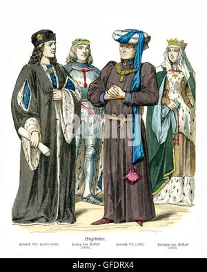 Herren und Damen Moden des mittelalterlichen England. König Heinrich VII., Herzog von Suffolk, Heinrich VI., Herzogin von Suffolk. 15. Jahrhundert Stockfoto