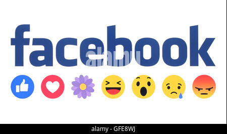 Kiew, Ukraine - 9. Mai 2016: Neue Facebook like-Button einfühlsam Emoji-Reaktionen mit Blume auf weißem Papier gedruckt Stockfoto