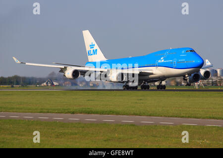 Amsterdam/Niederlande 12. März 2016: Boeing 747 von KLM landet auf dem Flughafen Amsterdam Stockfoto