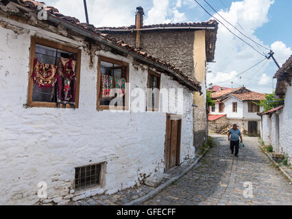 Stein Häusern und gepflasterten Gassen in der Altstadt von Korca, süd-östlichen Albanien. Stockfoto
