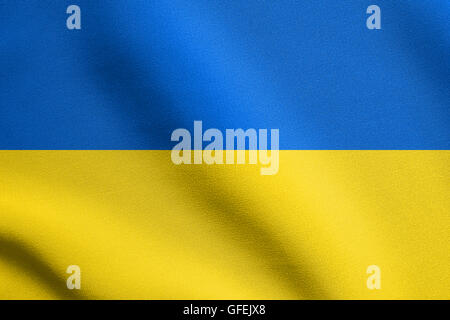 Flagge der Ukraine winken in den Wind mit detaillierten Stoff. Ukrainische Nationalflagge. Stockfoto