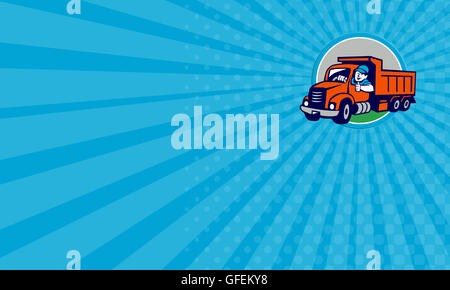 Visitenkarte zeigt Abbildung eines Kipper-Treibers Lächeln auf den Lippen und das fahren mit Daumen nach oben Satz im inneren Kreis auf isolierte Hintergrund getan im Cartoon-Stil. Stockfoto