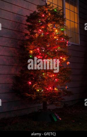 Weihnachtsbaum und Weihnachten Lichter im Garten mit Liegestühlen Stockfoto