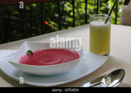 Rote Beete-Suppe und frischen Saft serviert El Romero, ein vegetarisches Restaurant in der Öko-Dorf Las Terrazas, Kuba. Stockfoto