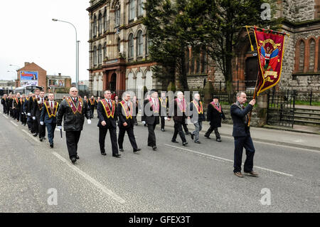 1. April 2013, Belfast, Nordirland. Eine Lehrling jungen von Derry Lodge marschiert, vorbei an der Clifton Street Orange hall Stockfoto