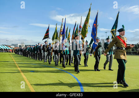 Lisburn, Nordirland. 15. März 2014 - März alten Kollegen aus der Royal Irish Regiment während die Shamrock-Präsentation und Trommelfell Service in Thiepval-Kaserne. Stockfoto