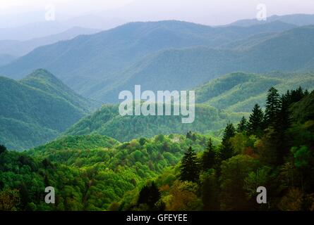 Great Smoky Mountains, Appalachen Range, USA. Von Woolyback Aussichtspunkt zu abgelegenen Haus am Südende des Blue Ridge Parkway Stockfoto