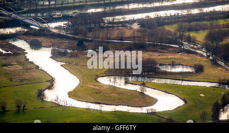 Luftaufnahme, Lippe, Lippemäander hinterleuchtet, Backwaters von der Lippe, goldenen Licht, Lippestr., Ruhrgebiet, Nordrhein-Westfalen, Stockfoto