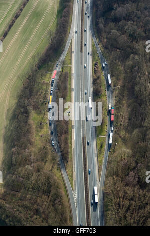 Luftaufnahme, Roost über Berger Busch Haus Reck, vierspurige A1 vor dem geplanten Ausbau zwischen Kamener Kreuz und Autobahn-Ausfahrt Stockfoto