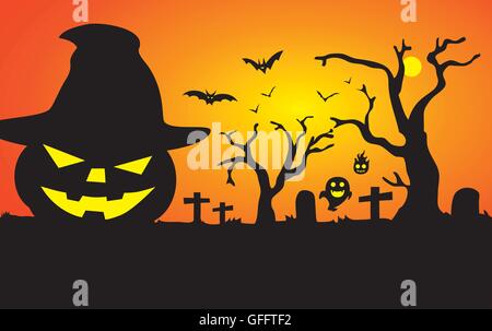 Halloween-Kürbis und Fledermäuse auf dem Friedhof zu schnitzen. Stock Vektor