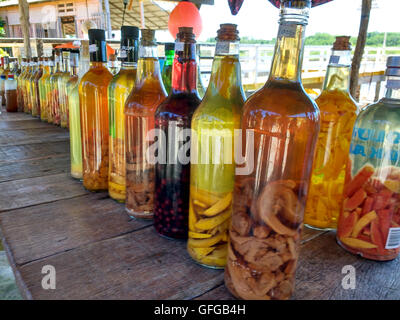 Flaschen gefüllt mit hausgemachter mit Zuckerrohr Schnaps namens Cachaça destillate Stockfoto