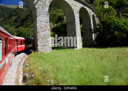 Ein Blick im alpinen Raum der Schweiz mit Dörfern Seen Berge und Pinien. Bernina Bahn vorbei unter dem Viadukt Stockfoto