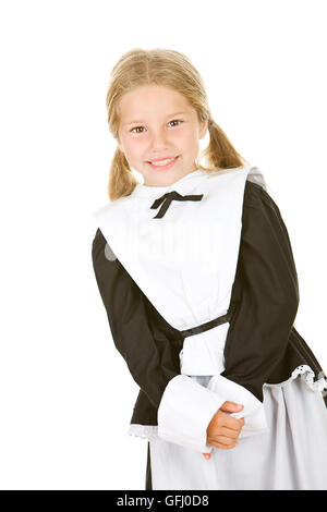 Kleines Mädchen als Thanksgiving Pilger gekleidet. Stockfoto