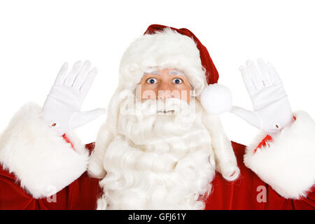 Serie mit einem Mann im Weihnachtsmann-Outfit, in verschiedenen Posen mit Weihnachten Requisiten. Stockfoto