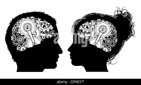 Ein Mann und eine Frau in Silhouette mit Getriebe oder Zahnräder arbeiten in ihren Gehirnen Stockfoto