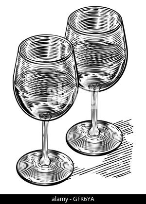 Original-Illustration eines Paares von Wein Gläser im Vinatge Holzschnitt Stil Stockfoto