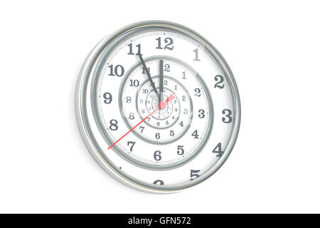 Unendliche Zeit-Spirale in der Wanduhr, 3D rendering Stockfoto
