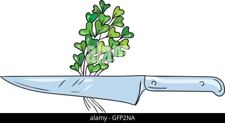 Zeichnung Skizze Stil Abbildung eines Messers mit Microgreen Gemüse auf isolierten weißen Hintergrund gesetzt. Stock Vektor